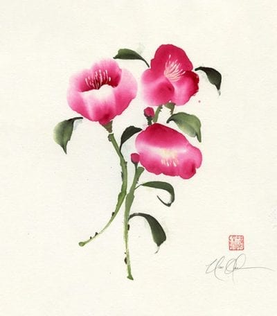 An Original Camellia Brush painting by Nan Rae