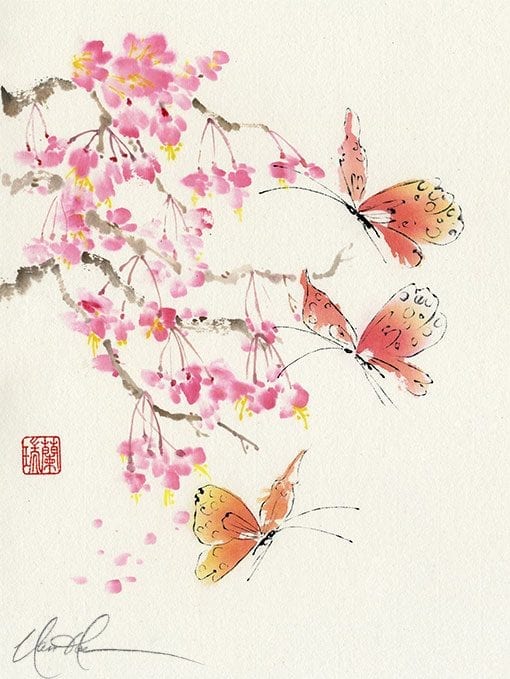 An Original Cherry Blossoms and Butterflies Brush painting by Nan Rae