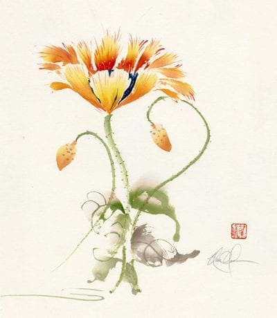 An Original Poppy Brush painting on Mulberry paper by Nan Rae