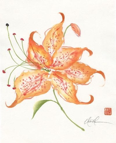 An Original Tiger Lily Brush painting by Nan Rea