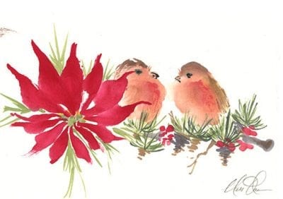 Poinsettia and Birds Painting