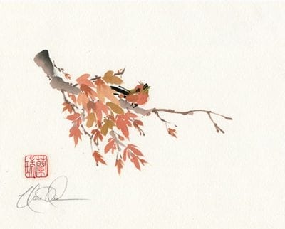 Bird on Maple branch painting