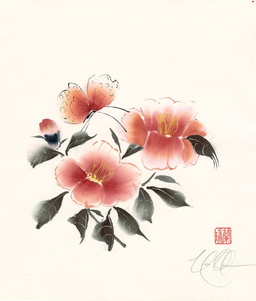 Camellia with Butterfly painting by Nan Rae