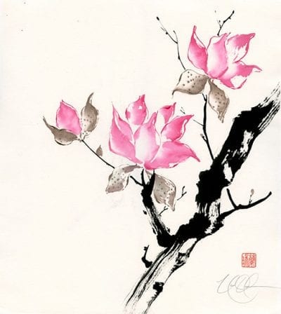 Chinese Magnolia Brush painting by Nan Rae