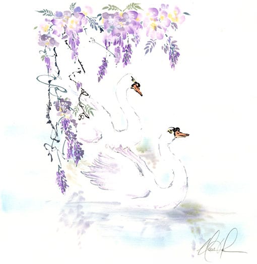 Original Swans and Wisteria painting by Nan Rae