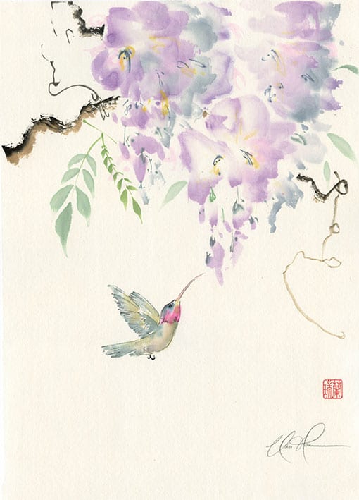 Original Wisteria with Hummingbird painting by Nan Rae
