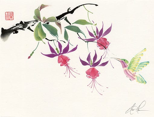 Original Fuchsia and Hummingbird painting by Nan Rae