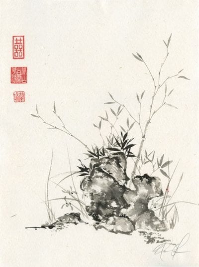 Bamboo, rock, orchid painting